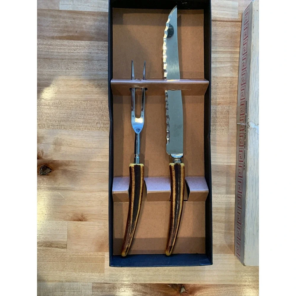 Vtg‎ MCM Warwick Cutlery Set Stainless Sheffield English Blades Faux Stag